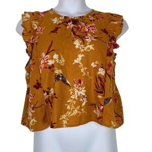 BP  Size XL Top Linen Blend Orange Floral Short Ruffle Sleeves Back Cutout